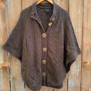PURE Hand Knit Womens Brown Button Up Poncho Shawl Cotton Size Medium Large